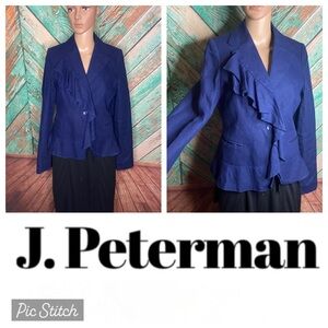 Vintage Navy Linen J. Peterman Flutter Collar Peplum Hem Blazer